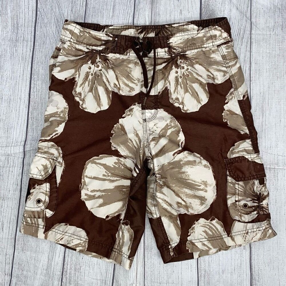 Arizona youth boys L mesh lined tropical print bathing suit brown & white